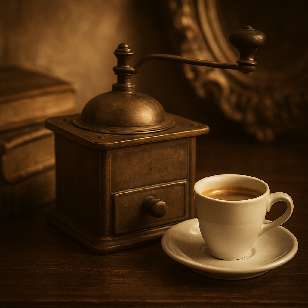 طاحونة قهوة كلاسيكية مع فنجان قهوة دافئ